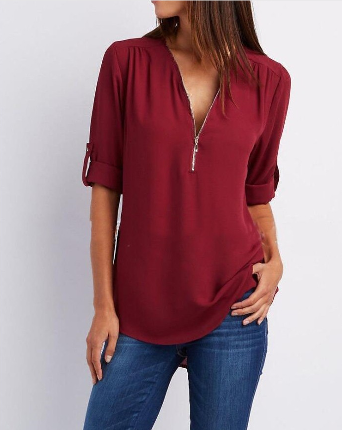 Large Size  Long Sleeve Loose V-neck Shirt