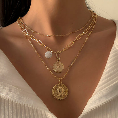 Goth Baroque Pearl Coin Portrait Pendant Necklace for Women Vintage Multi Layer Link Chain Necklace Punk Aesthetic Jewelry 2021